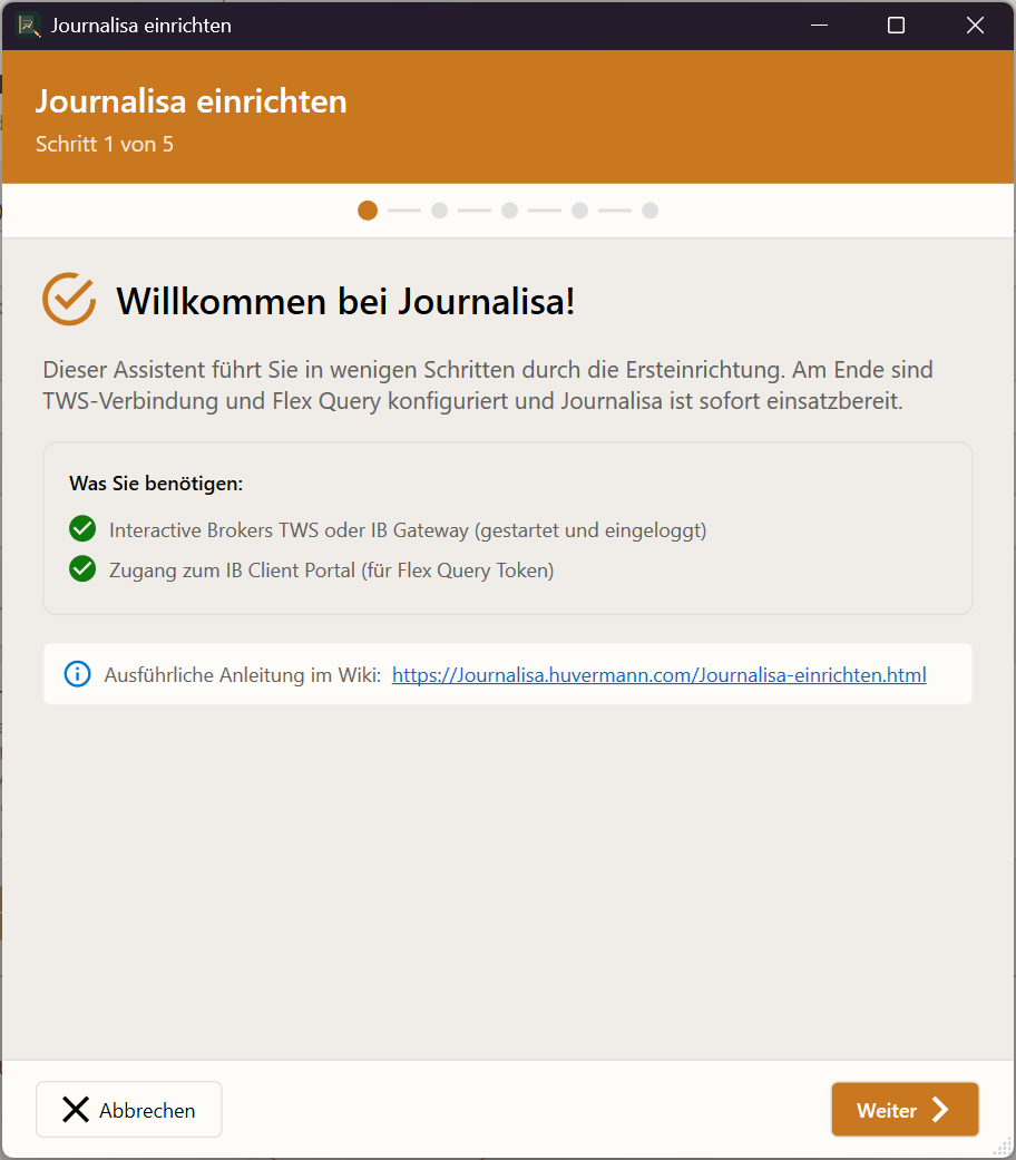 Journalisa Einrichtungs-Wizard – Startseite