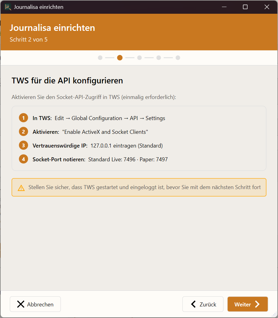 Wizard – Schritt TWS vorbereiten
